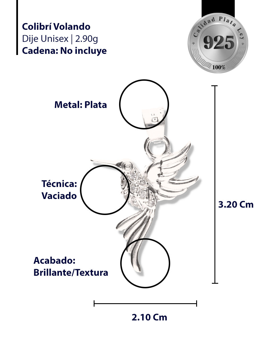 Colibrí Volando con Piedra de Plata 925