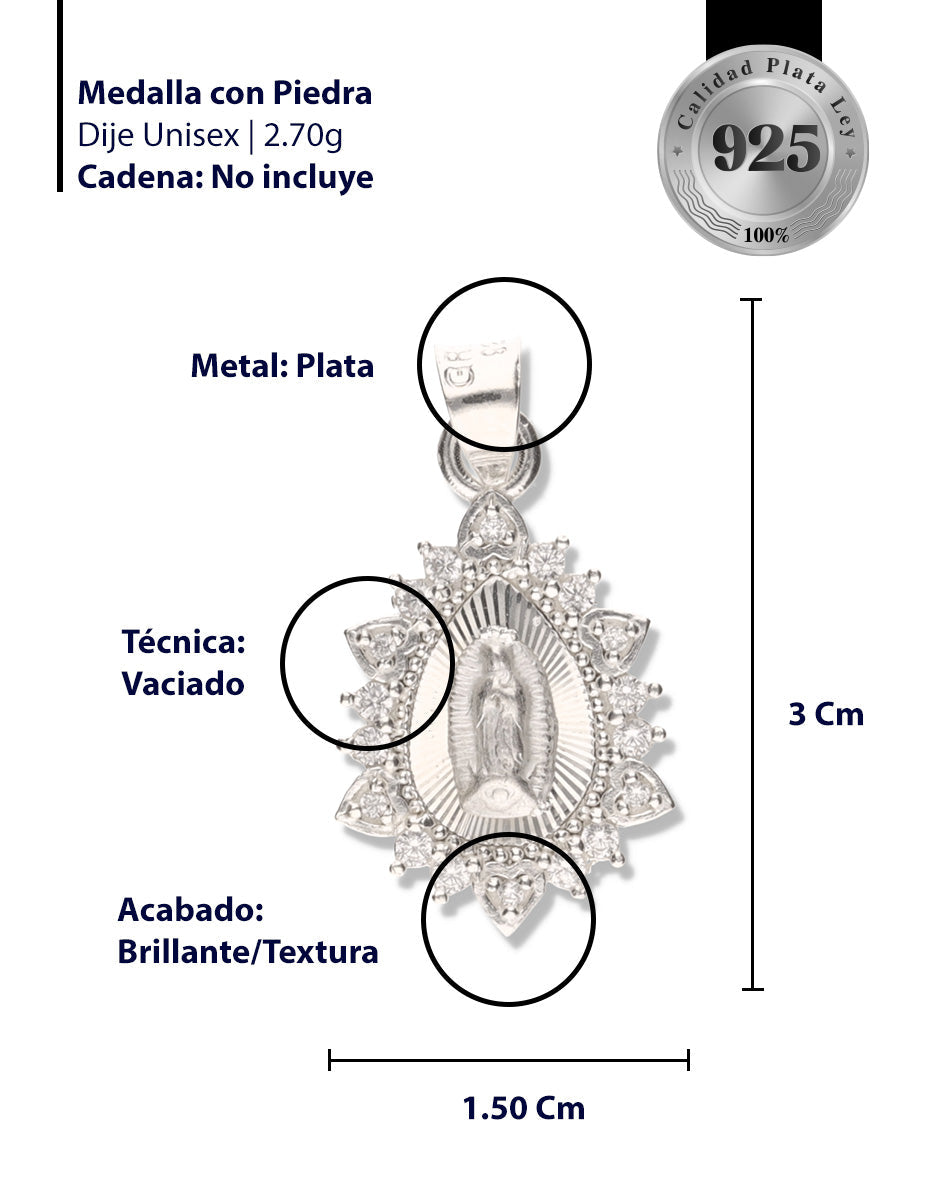Medalla Corazón Gota de la Virgen de Guadalupe con Piedra de Plata 925