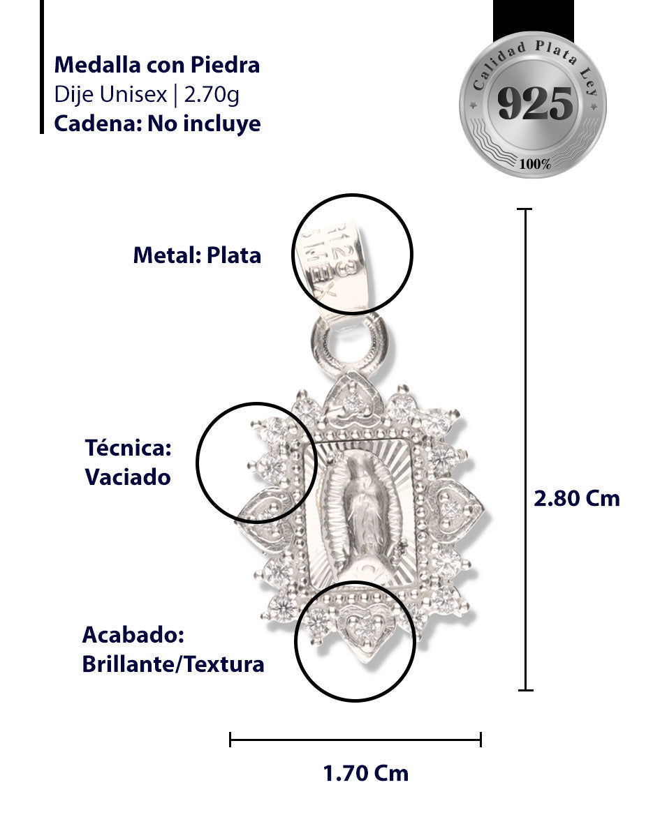 Medalla Corazón Cuadrada de la Virgen de Guadalupe con Piedra de Plata 925