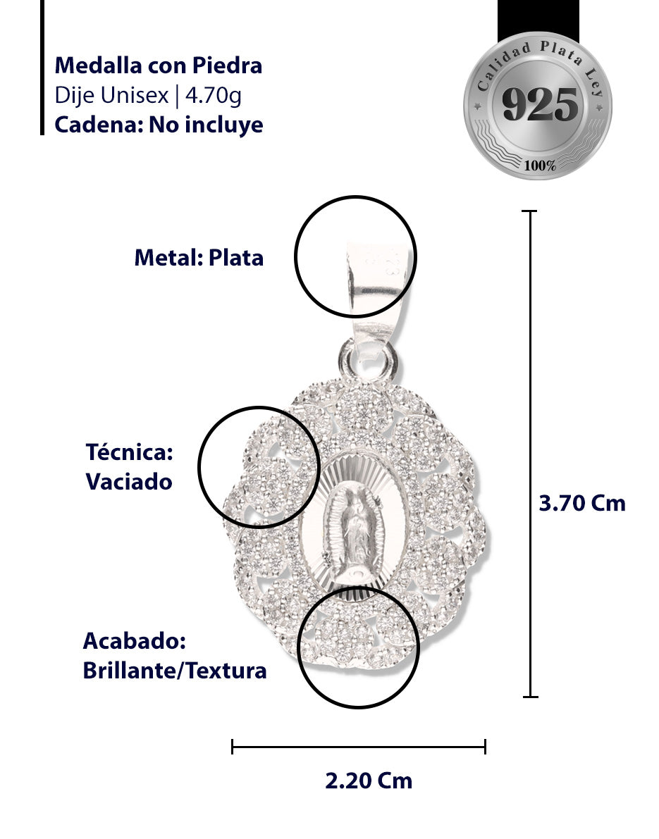 Medalla 10 Corazones de la Virgen de Guadalupe con Piedra de Plata 925