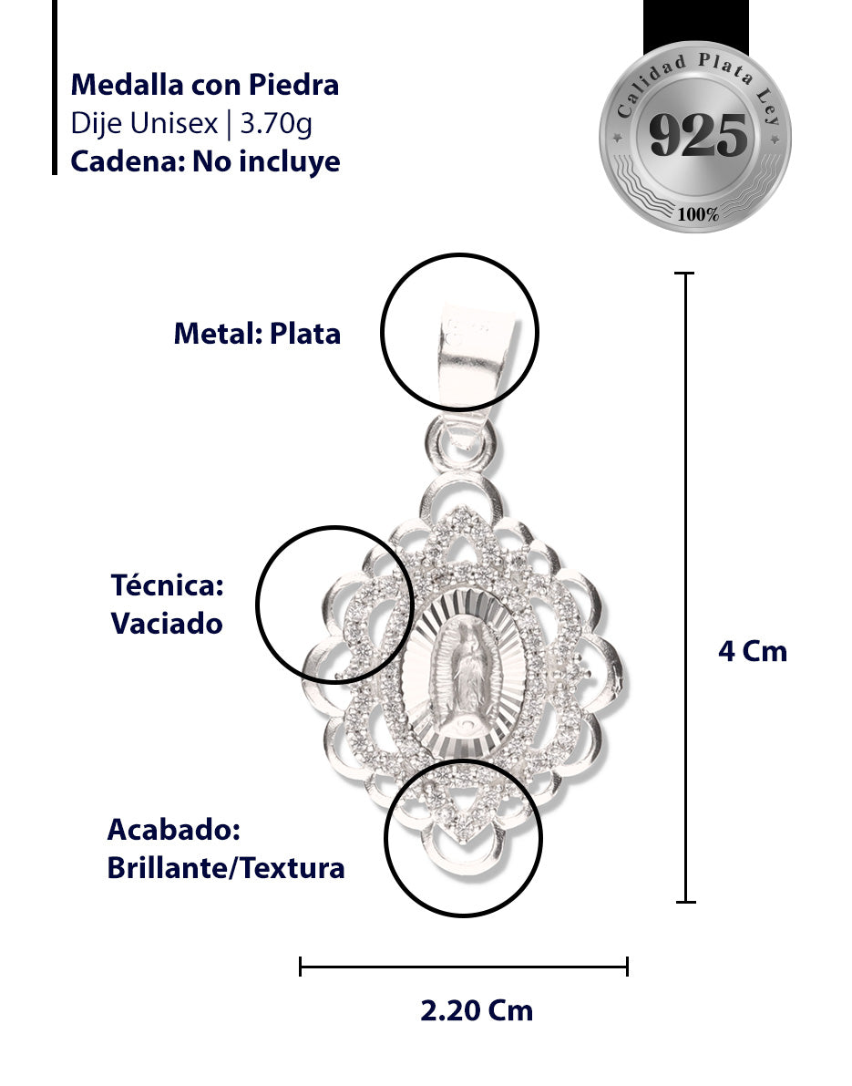Medalla 2 Flores de la Virgen de Guadalupe con Piedra de Plata 925