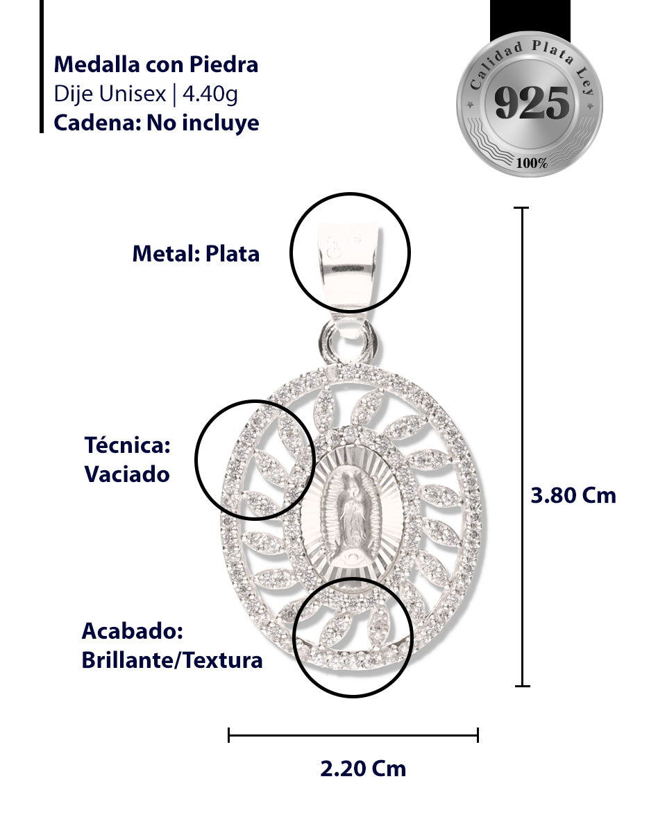 Medalla Rehilete de la Virgen de Guadalupe con Piedra de Plata 925