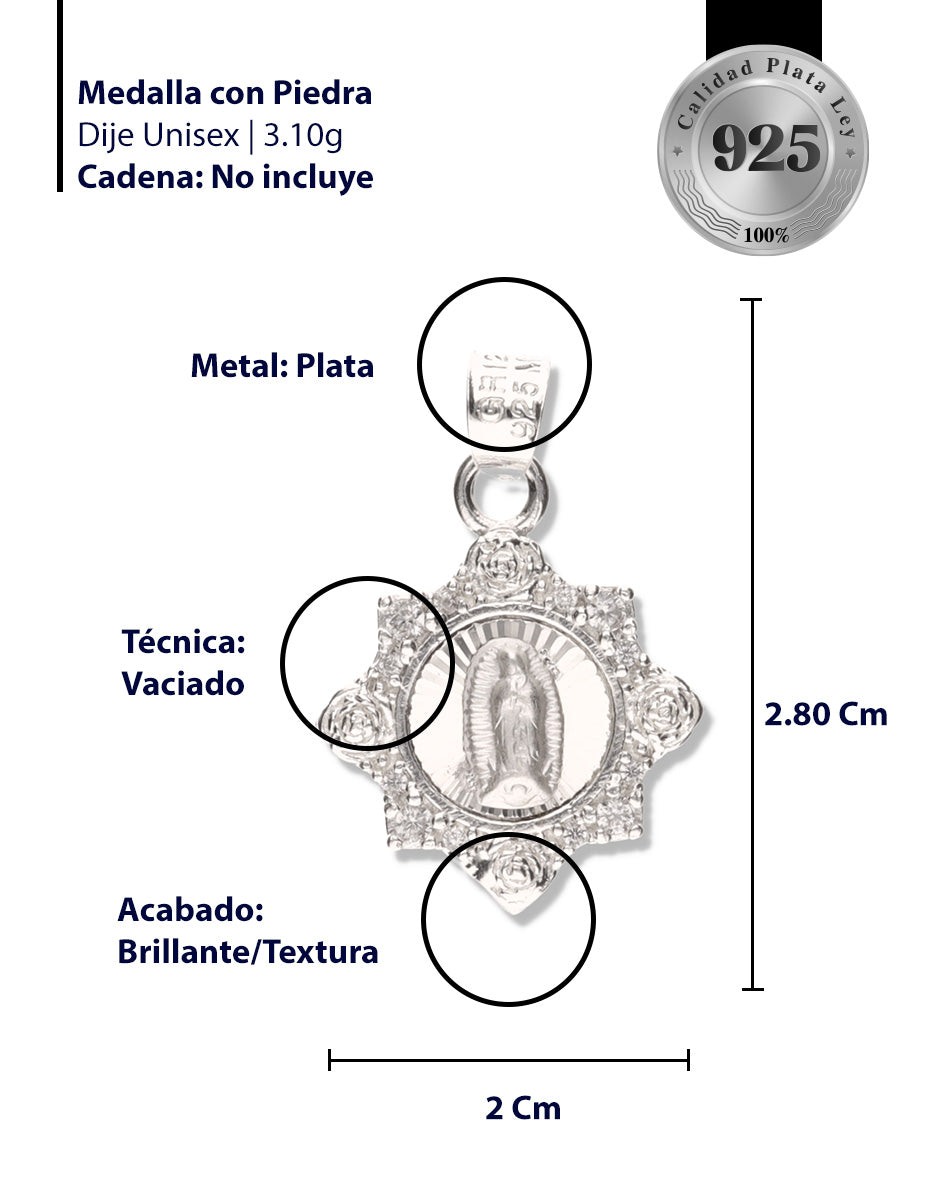 Medalla 4 Rosas de la Virgen de Guadalupe con Piedra de Plata 925