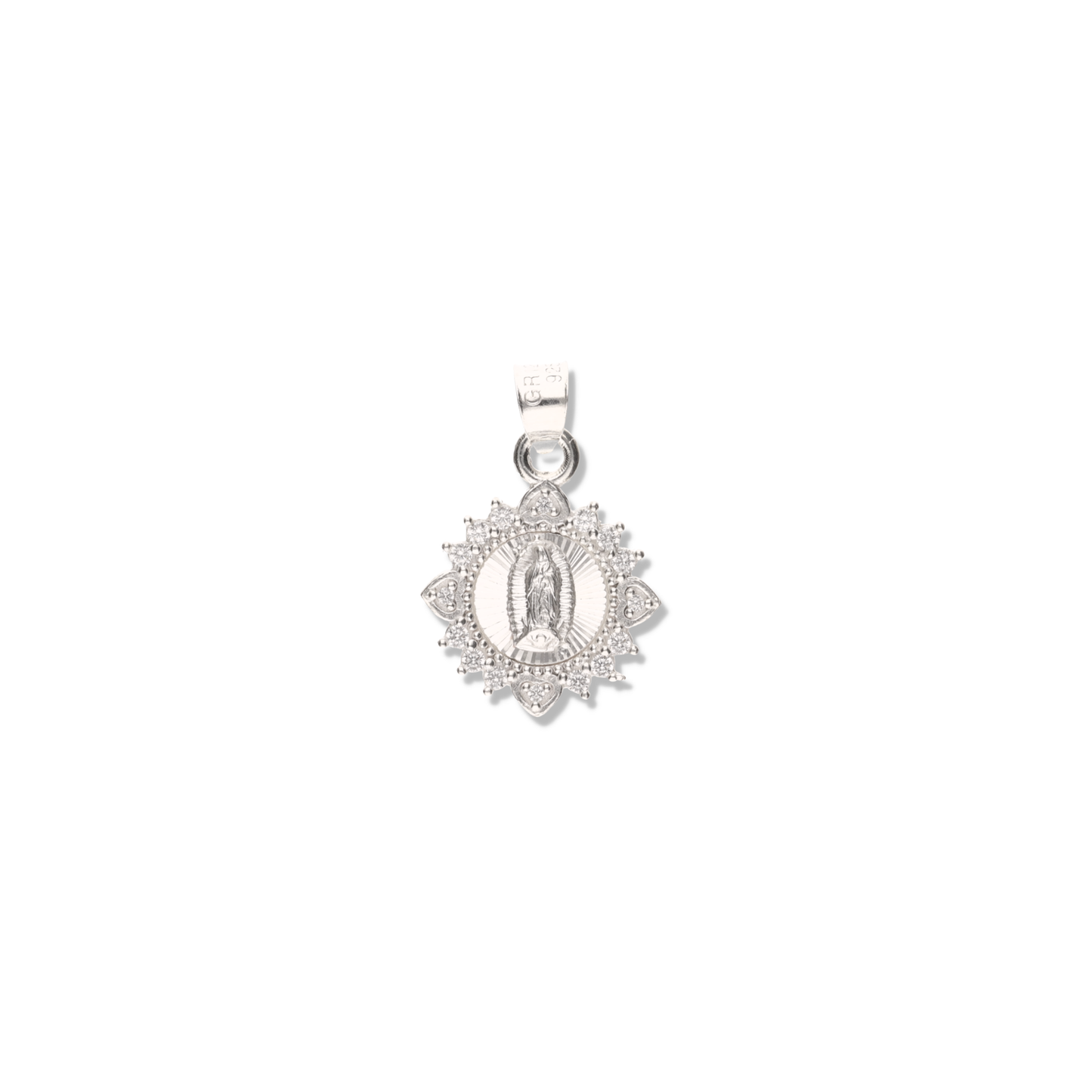 Medalla Corazón Redonda de la Virgen de Guadalupe con Piedra de Plata 925