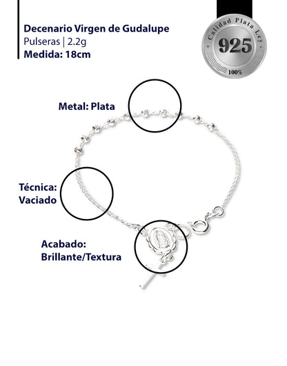 Decenario de la Virgen de Guadalupe con Bola Moon Cut de Plata 925