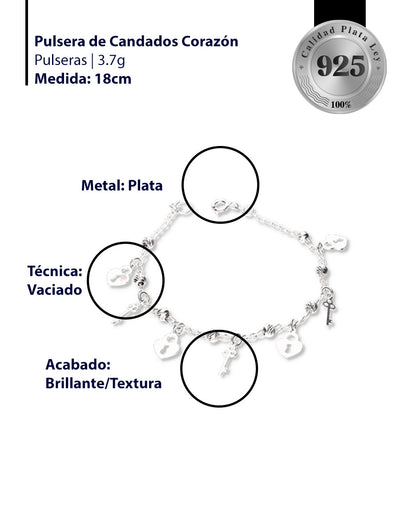 Pulsera de Candado Corazón con Bola Slash de Plata 925