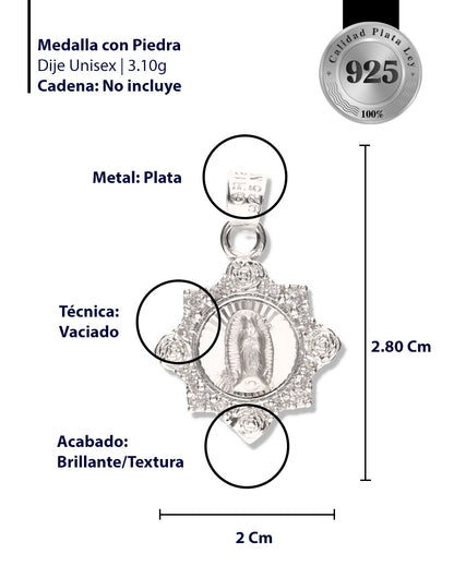 Medalla 4 Rosas de la Virgen de Guadalupe con Piedra de Plata 925