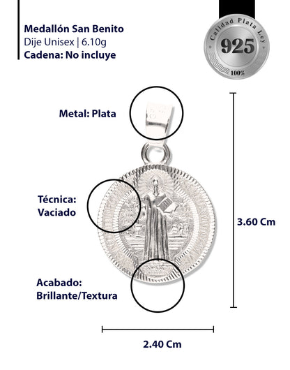 Medallón de San Benito diamantado de Plata 925